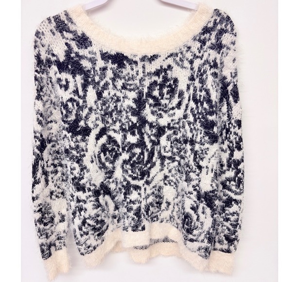 Adrianna Papell Sweaters - Cottagecore Fuzzy Eyelash Knit Sweater Women M‎  Black Cream Cozy Office